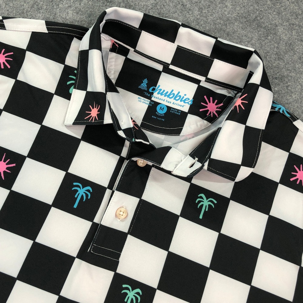 Chubbies Mens Polo Shirt M Black, White Checkerboard Short Sleeve Weekend Casual